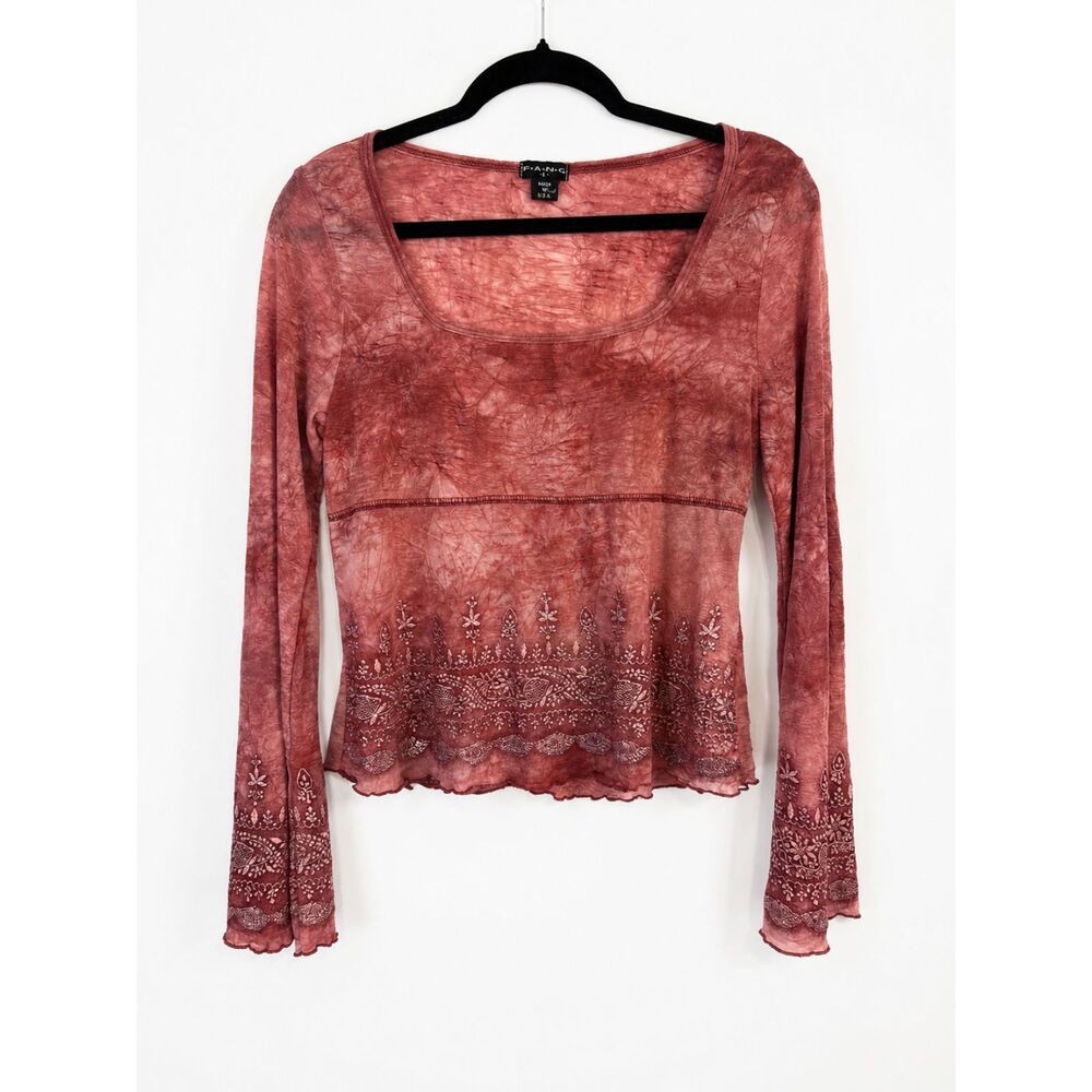 Vintage Fang Slightly Sheer Mesh Tie Dye Embroidered Long Sleeve Top Size Large